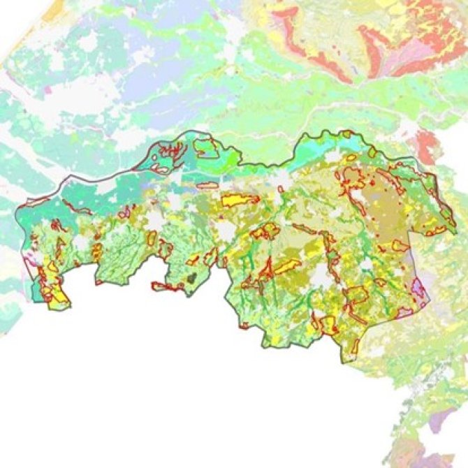 Aardkundig waardevolle gebieden in de provincie Noord-Brabant tegen de achtergrond van de Geomorfologische Kaart van Nederland.
