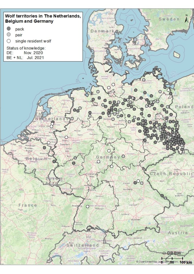 Kaart van wolventerritoriums in Nederland, Duitsland en België.