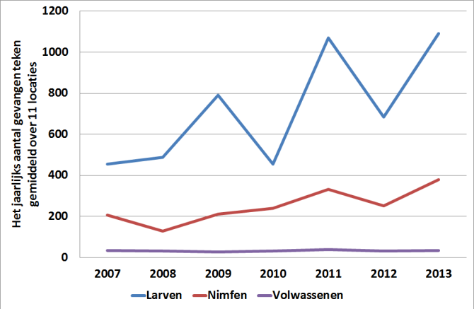 Figuur 1: Verloop van het jaarlijks aantal gevangen teken (larven, nimfen en volwassen) gemiddeld over de 11 vanglocaties in Nederland (bron: Wageningen University)