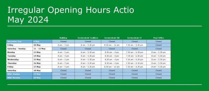 Overview of irregular opening hours Actio for May 2024