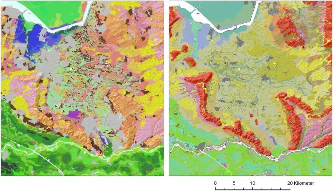 Impressie van de Bodemkaart (links) en de Geomorfologische Kaart (rechts) voor de Utrechtse Heuvelrug, Gelderse Vallei en Veluwe, geactualiseerd in 2020 en 2021.