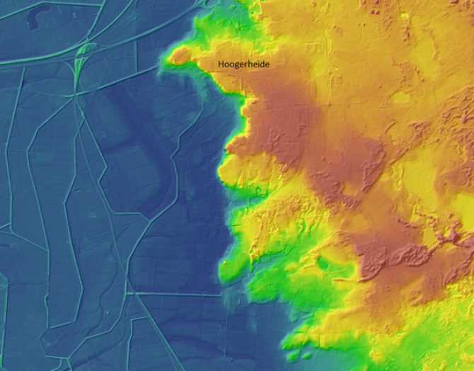 Hoogtebeeld van de Brabantse Wal (blauw is laag, rood is hoog). Hierin is goed de abrupte overgang tussen het pleistocene zandlandschap (rood) en het holocene zeekleilandschap (blauw) te zien. Kenmerkend zijn ook de paraboolvormige dekzandruggen op de wal. Bron: Actueel Hoogtebestand Nederland.