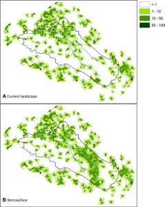 GRIDWALK simulatie voor de Achterhoek voor twee scenario’s: huidige situatie (A), en één van de tien doorgerekende inrichtingsscenario’s voor klimaatadaptatie (B). De doorlaatbaarheid van het landschap voor de Kamsalamander wordt getoond; hoe donkerder het groen hoe toegankelijker het gebied voor de salamander. Het studiegebied (Gebiedsproces Baakse Beek -Veengoot) is aangegeven (donkerblauw) alsmede de loop van de Baakse Beek en Veengoot (lichtblauw).