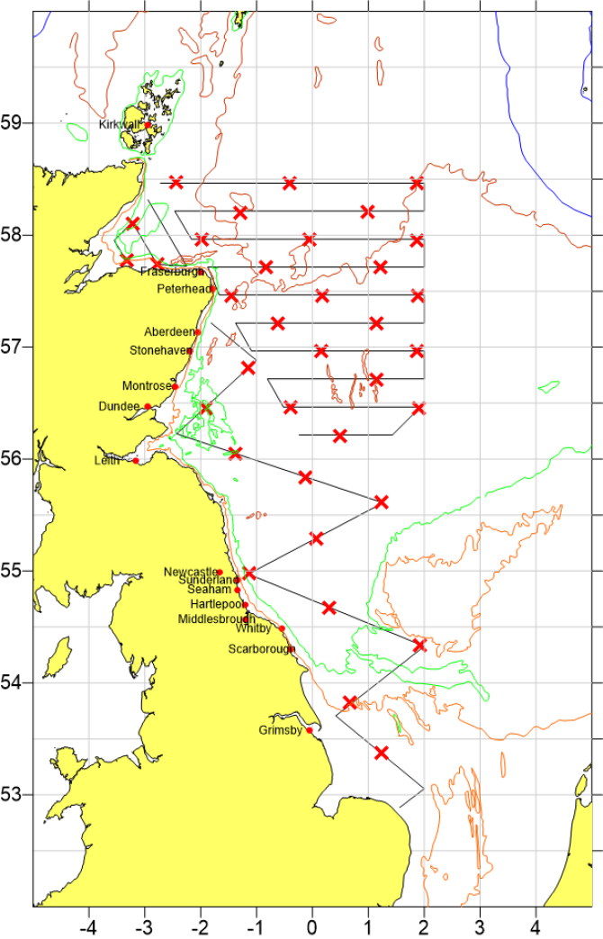 Geplande transecten voor de Tridens tijdens de internationale Noordzee Haring Akoestische Survey (HERAS) in 2021.