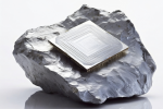 A shiny rock of silicon is on a plain white reflective surface, against a plain white background. Embedded in the rock is a rough shape of a silicon chip, which is made from the same rock of silicon