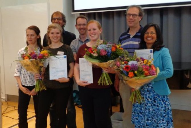 The winners of the Storm-van der Chijs Stipend 2017. From left to right with certificate: Lies Zandberg, Chantal Vogels and co-promotor Marielos Peña Claros representing Carolina Levis.