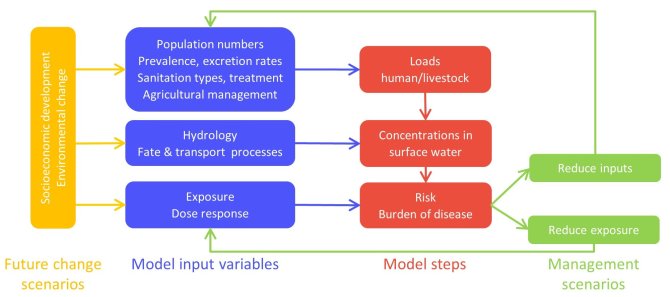 Figure 1. Conceptual framework relating relevant model steps to input variables and potential scenario options (Hofstra et al 2019)