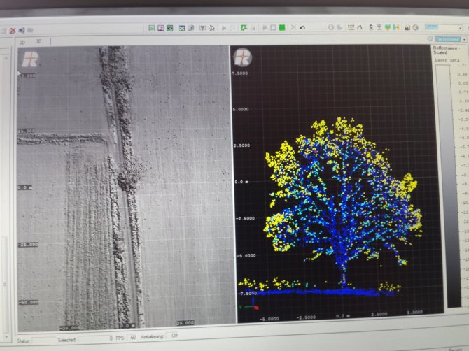 Scan data examples of RiCopter maiden flight: left: surface of agricultural area and right: cross section of tree showing first return, interior and last return signal from within the tree canopy.  