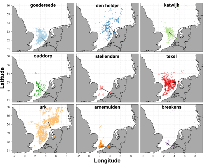 Figuur uit het onderzoek van Niels Hintzen. Hierop zijn de GPS-posities van vissersboten uit verschillende Nederlandse havens te zien.