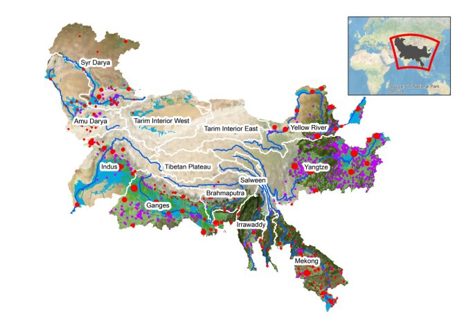 发源于兴都库什-喜马拉雅山脉（白色透明地带）的12条河流流域。绿色：灌溉区，蓝色：灌溉渠，紫色：水坝和水库，红色：大城市  绘制：H. Bieman，