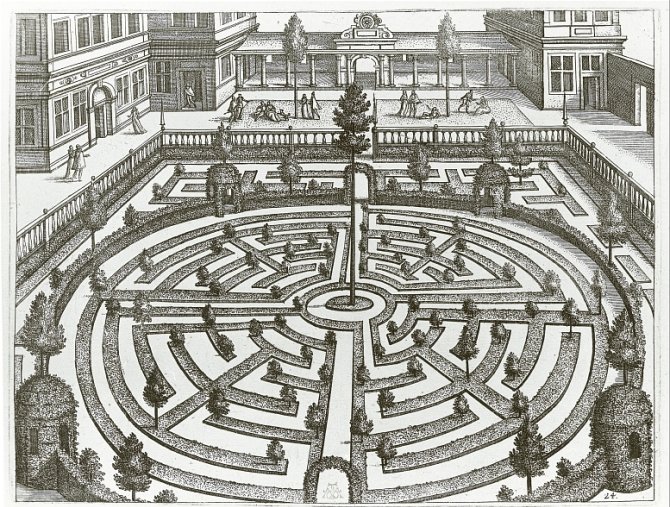 Maze in a garden. Drawing in black and white by Vredeman de Vries, approx. 1580-1590. Image from '<L CODE="C26">Tussen stadspaleizen en luchtkastelen : Hans Vredeman de Vries en de Renaissance</L>'