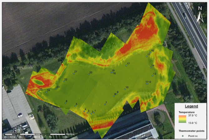 Map of temperature differences in natural pond acquired using a thermal camera on an UAV