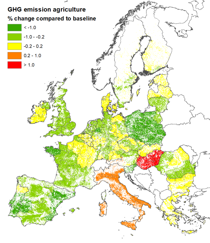 GHG emissions from agriculture (% change compared to the ‘baseline’ situation in which the additional meat consumption reduction was not considered)