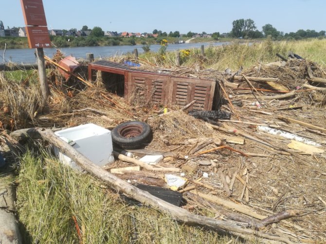 Litter found on the Meuse riverbanks after the 2021 flood, including macroplastics (photo: Rahel Hauk)
