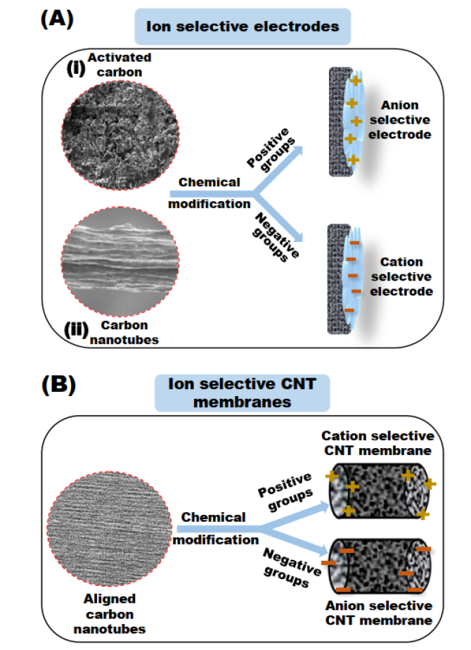 Fig.1: (A) Preparation of ion selective carbon electrodes from (i) activated carbon (AC) and (ii) carbon nanotubes (CNTs). (B) Chemical modification of aligned carbon nanotubes (CNTs) to prepare an ion-selective membrane.