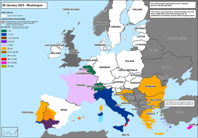 Overzicht van Europese toezichtgebieden voor verschillende serotypen van blauwtongvirus (januari 2023, bron: OIE)