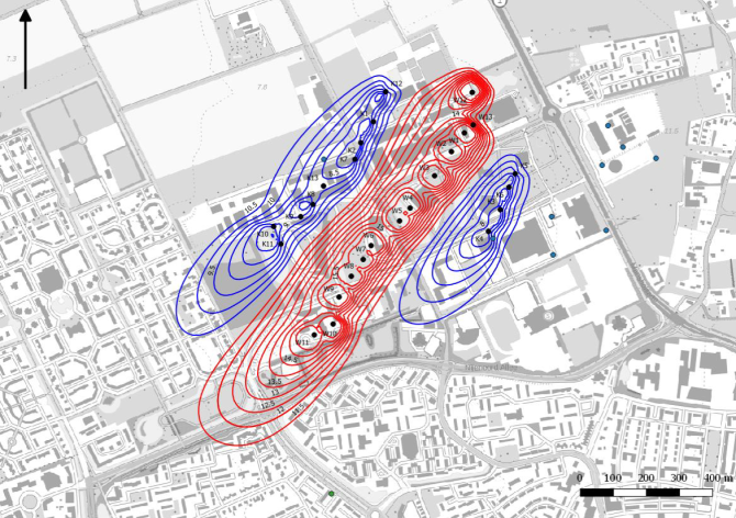 Afbeelding 2. Warmte- en koude-straten op Wageningen Campus met daarin de bronnen (inclusief 6 toekomstige bronnen).