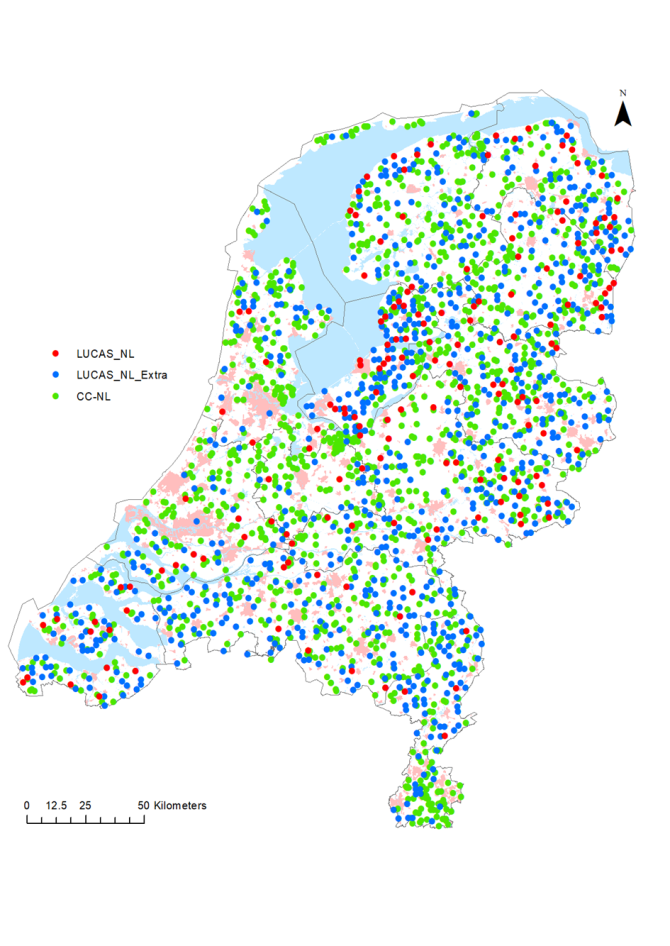 Locaties voor monitoring van bodemeigenschappen in Nederland (bron: Kees Teuling).