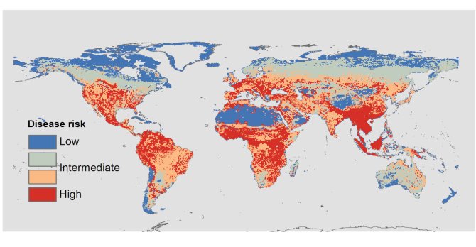 Disease risk in 2015 as predicted by the study’s model, which was based on characteristics of local mammal assemblages.