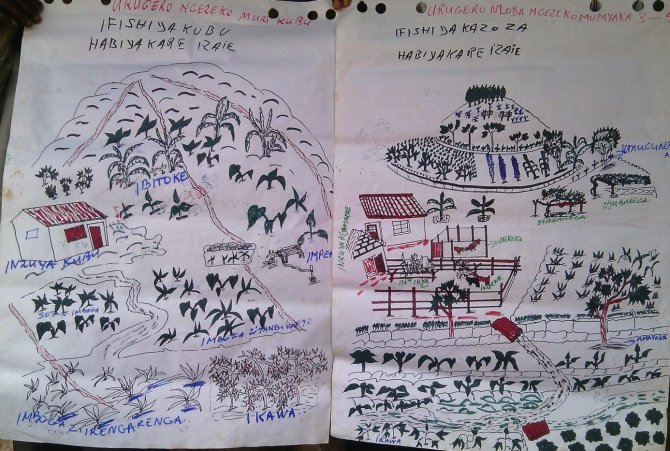 A PIP drawn by a Burundian family: left the current farm situation, right the desired future farm