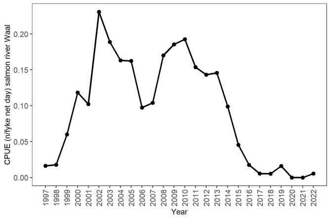 Aantal gevangen volwassen Atlantische zalm per fuiknacht in de zalmsteken (grote fuiken met grote maaswijdtes) per jaar in de Waal. Bron: Wageningen Marine Research