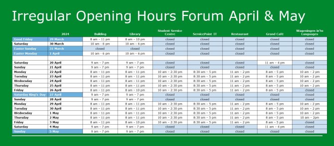 Irregular opening hours Forum April (until 5 May 2024)