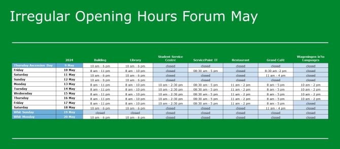 Irregular opening hours Forum May (until 20 May 2024)